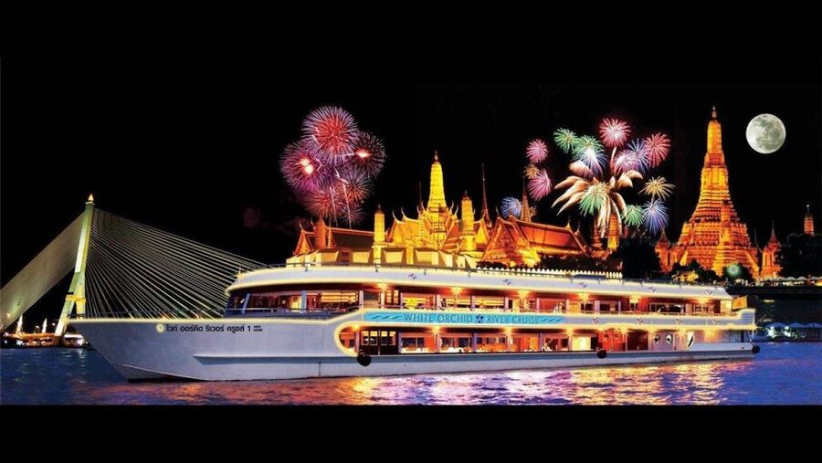 Bangkok: White Orchid Chao Phraya Dinner Cruise free Beer - Rama VIII Bridge and the return to Asiatique